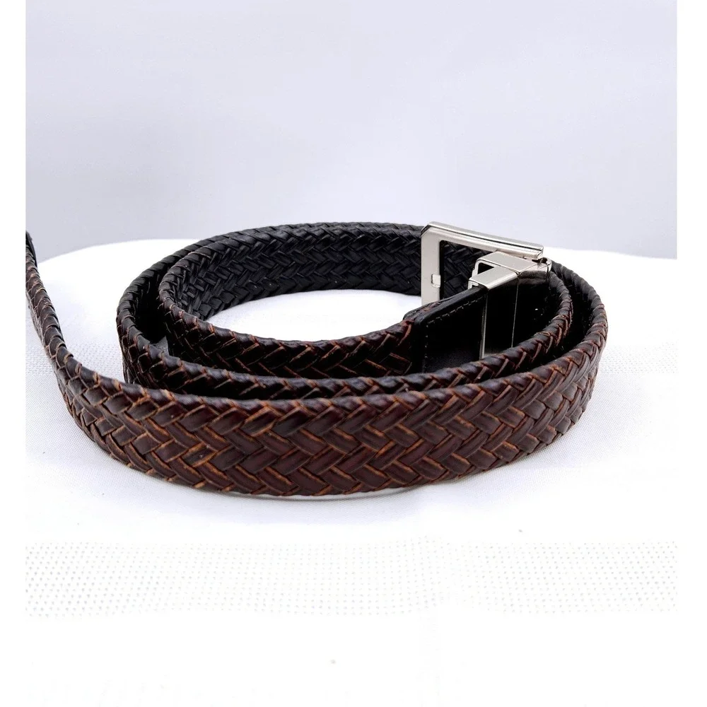 Nike Mens Reversible Braided‎ Leather Belt Brown Black Silver Buckle Swoosh Logo